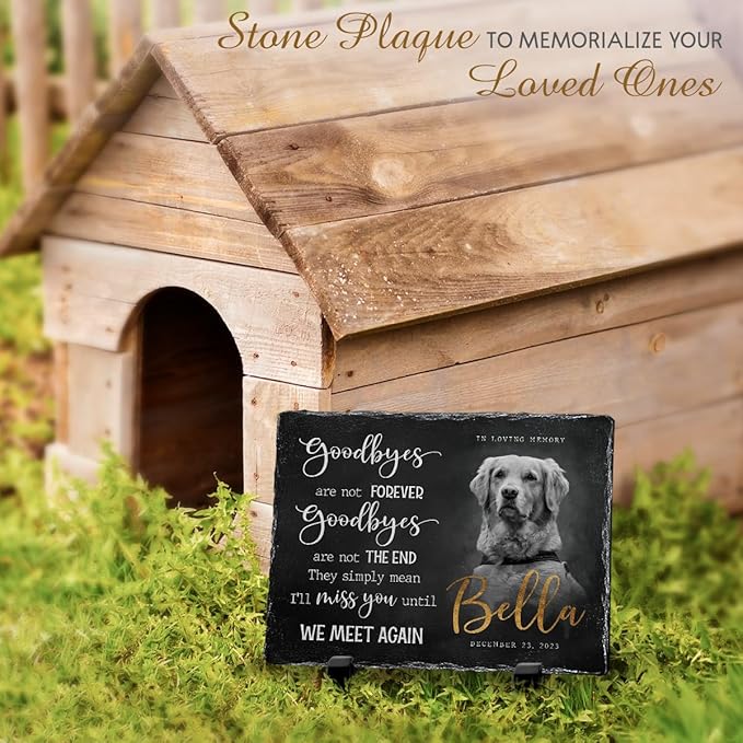 Custom Rectangular Memorial Stone - 'Goodbyes are Not Forever' - Dog House Outdoor Garden Decor, Photo Design - Meaningful Gifts for Cat Lovers Mourning a Pet