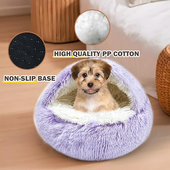 Cat Bed for Indoor Cats, Calming Cozy Cave with Self-Warming Plush, Entire Bed Machine Washable & Anti-Slip Base, Breathable Pet Bed for Small Cats&Dogs All Seasons (Purple, 24 * 24inch)