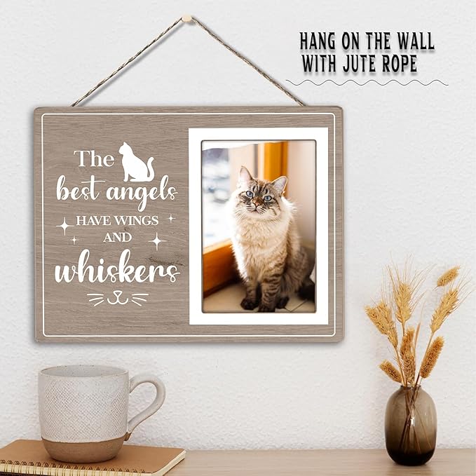 Cat Picture Frame, Cat Memorial Wooden Photo Frame, Pet Remembrance Gift, Sympathy Gift for Pet Owner, Cat Memorial Gifts for Loss of Cat, The Best Angels Have Wings and Whiskers (Gray, 4 x 6 Photo)
