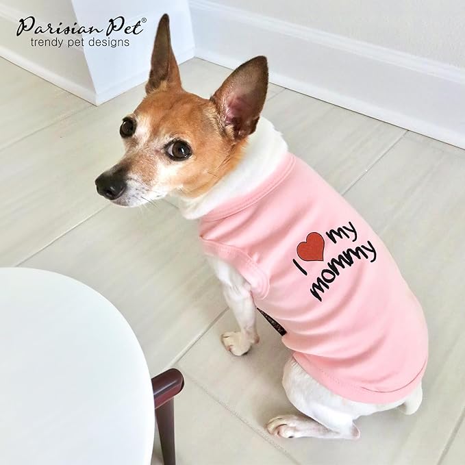 Parisian Pet Dog T-Shirt with Embroidered 'I Love My Mommy' Words - 100% Cotton, Pink Dogs Clothes - Sleeveless Pet Vest - Machine Washable Shirt for Large Dogs, L