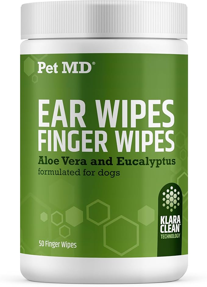 Pet MD Ear Finger Wipes for Dogs - Extra-Coverage and Large Design - with Eucalyptus and Aloe Vera for Dogs - Pet Ear Cleaning Finger Wipes & Puppy Ear Cleaner - 50ct