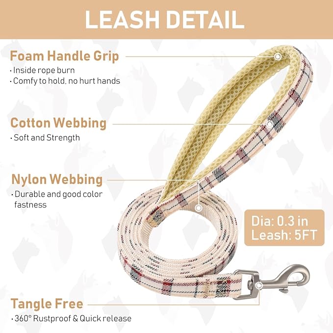 GAMUDA Small Dog Harness Collar and Leash Set, Step in No Chock No Pull Soft Mesh Adjustable Dog Vest Harnesses Plaid Reflective for Dogs Puppy Cats Kitten Rabbit (Beige, XL)