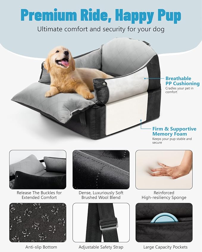 EASTBLUE Dog Car Seat for Small Medium Dogs Up to 35 lbs, Memory Foam Dog Booster Car Seat with Seatbelt, Detachable Washable Pet Carseat for Puppy & Cat, Dogs Travel Bed for Cars (Black/Grey)