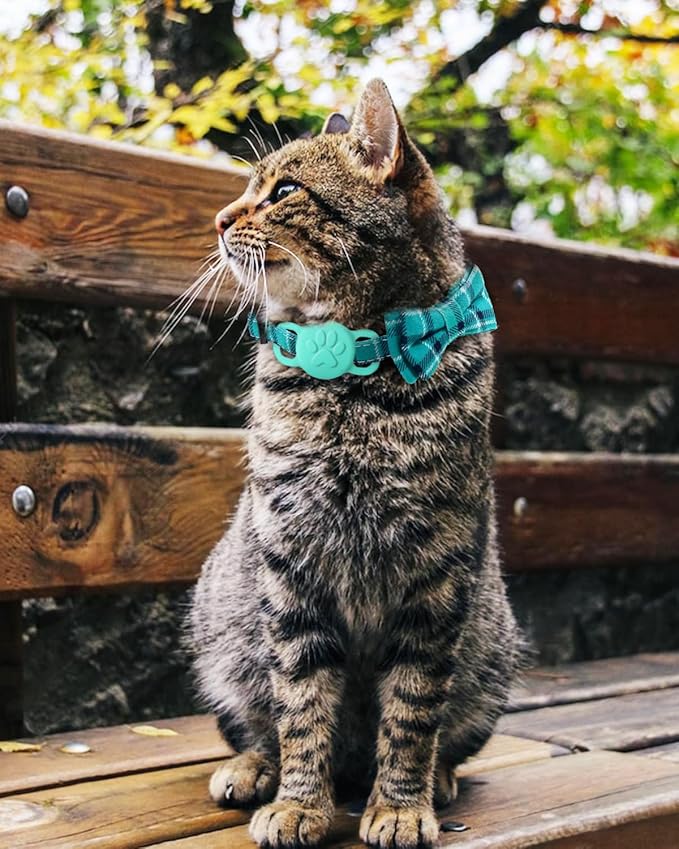 Joytale Upgraded Cat Collar with Bells, Breakaway Cat Collars with Bow Tie, 1 Pack Girl Boy Safety Plaid Kitten Collars, Teal