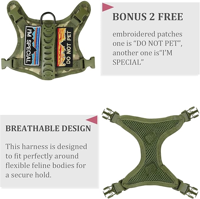 Tactical Cat Harness and Leash for Walking Esacpe Proof,Adjustable Soft Mesh Large Cat Vest with Rubber Handle Easy to Control,Molle Patches