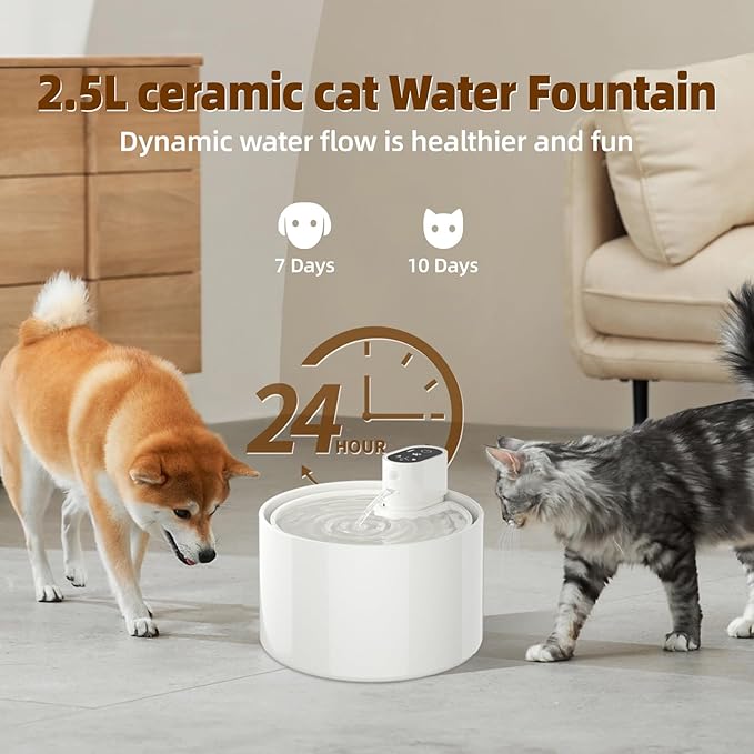 Ceramic Cat Water Fountain,Cat Water Fountain Cordless Automatic with Ultra-Quiet Pump for Cats, Dogs, Multiple Pets
