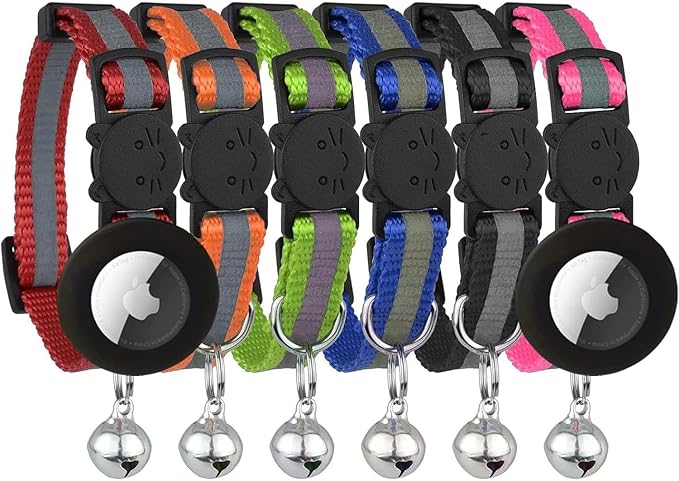 Reflective Cat Collar with AirTag Holders, Set of 6, with Bells, Solid & Safe Collars for Cats, Nylon, Mixed Colors, Pet Collar, Air Tag Holder, Breakaway Cat Collars Charms