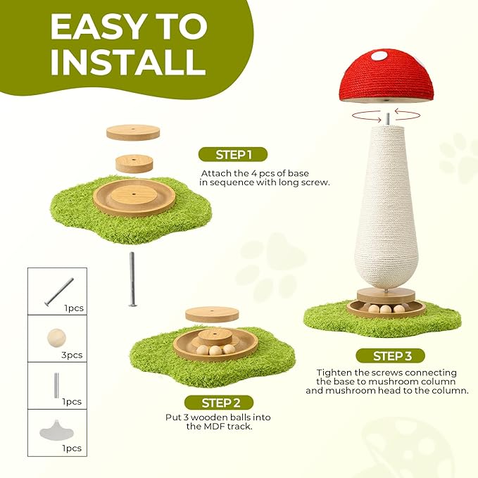 Cat Scratching Post, Mushroom Cat Scratcher with Interactive Ball Track Spring Ball Cat Toys,Durable Cute Sisal Cat Scratchers Post for Indoor Cats Adults Kitten with Stable Base
