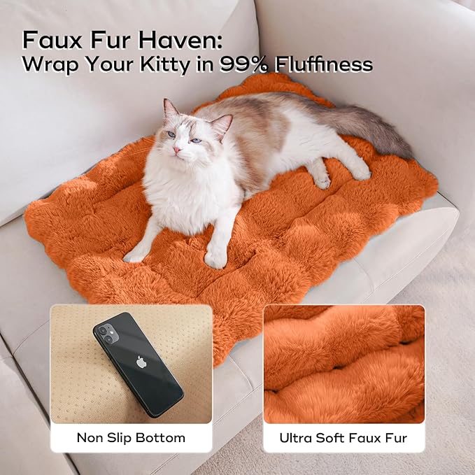 Cat Beds for Indoor Cats Faux Fur Pet Pad Mat Plush Kitten Bed with Non-Slip Bottom for Carriers/Couch Dog & Puppy Friendly 23 x 15 Inch Medium Orange