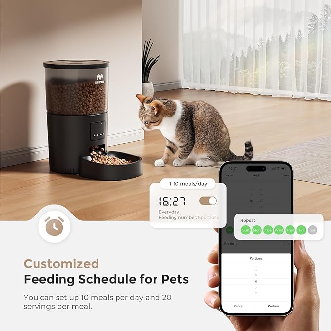 IMIPAW Automatic Cat Feeder, 5G WiFi Cat Food Dispenser with APP Remote Control, Pet Dry Food Smart Feeder, Programmable Timed Feeding, Dual Power Supply, 1-10 Meals Per Day, Desiccant Bag, Small pets
