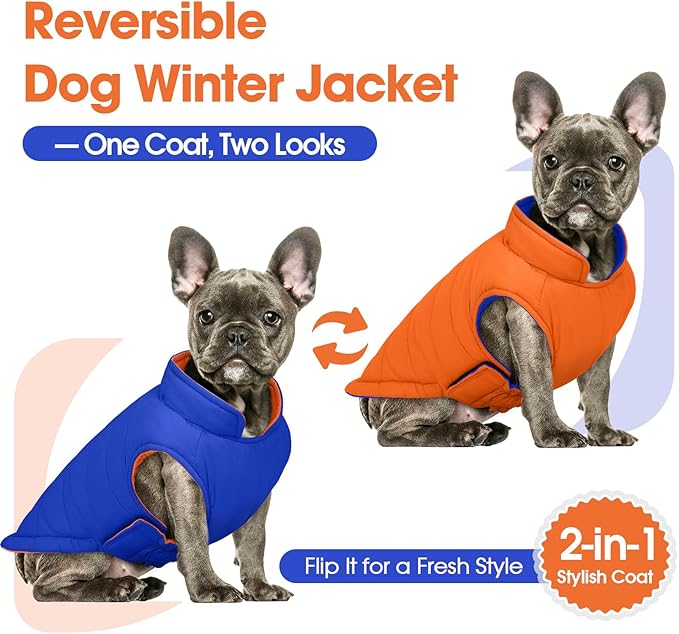 QBLEEV Reversible Dog Coat, Winter Warm Snowproof Dog Puffer Vest for Large Dogs Cold Weather, Windproof Lightweight Padded Jacket Snowsuit, Adjustable Outdoor Clothes for Great Dane, Orange, XXXL