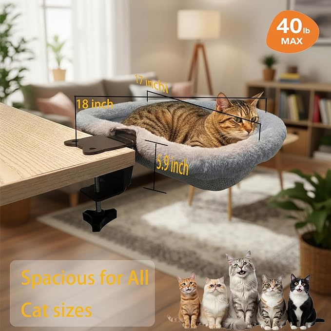 Foldable Cat Bed for Desks - One-Click Folding & Space-Saving Semi-Circle Design, Plush Faux Rabbit Fur with Sunken Cave, Holds 40lb/18kg Cats - Perfect for Office/Gaming Desks (Gray)