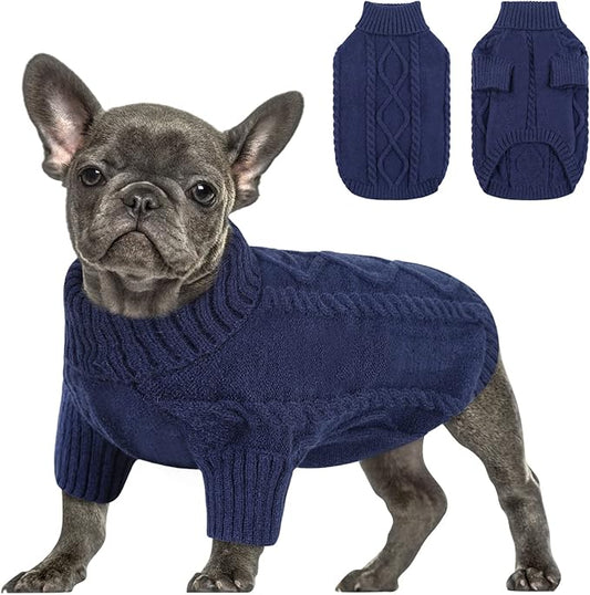Queenmore Small Dog Pullover Sweater, Cold Weather Cable Knitwear, Classic Turtleneck Thick Warm Clothes for Chihuahua, Bulldog, Dachshund, Pug (Dark Navy, X-Small)