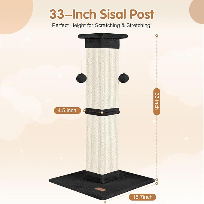 Cat Scratching Post 33 inch for Indoor Cats, High Cat Scratch Post Black, Cat Tree for Full-Body Stretching, Protect Your Furniture