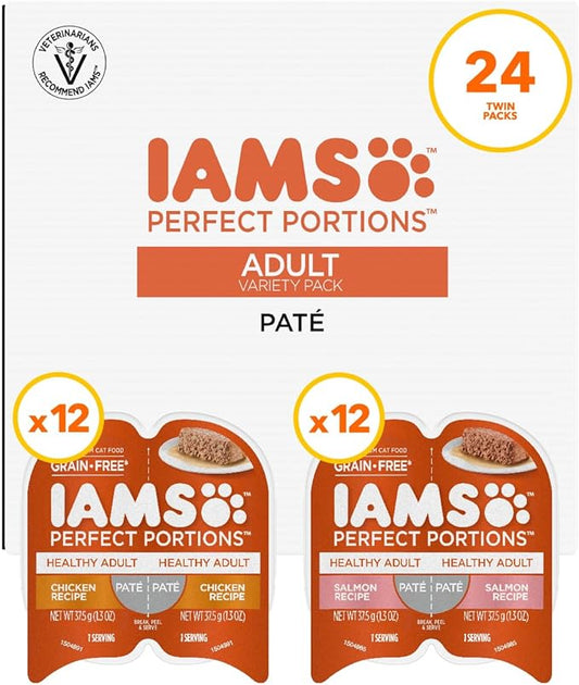 IAMS Perfect Portions Healthy Adult Wet Cat Food Pate, Chicken and Salmon Recipe Variety Pack, 2.6 oz. Twin-Pack Trays (24 Count, 48 Servings)