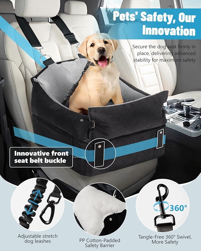 EASTBLUE Dog Car Seat for Small Medium Dogs Up to 35 lbs, Memory Foam Dog Booster Car Seat with Seatbelt, Detachable Washable Pet Carseat for Puppy & Cat, Dogs Travel Bed for Cars (Black/Grey)
