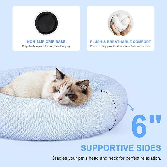 Small Donut Dog Bed - Cooling Calming Cuddler for Cats & Puppies, Anti-Anxiety Ice Fabric Round Pet Bed, Washable Comfort Dog Bed for Small Dogs, Egg Tart Design (S)