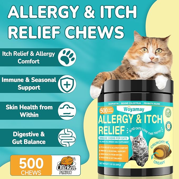 Cat Allergy Relief for Cats, 500 Crunchy & Creamy Anti-Itch and Immunity Chews for Itchy Skin, Paws, Eyes, Ears| Stop Licking & Scratching, Supports Seasonal Itching, Chicken Flavor
