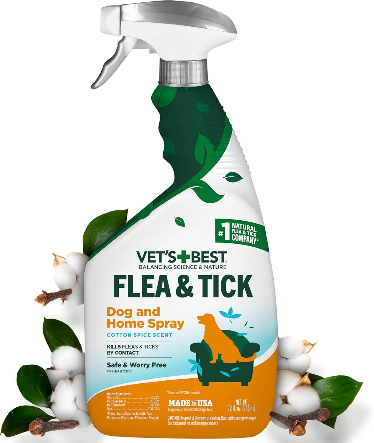 Vet’s Best Flea & Tick Home Spray for Dogs – Plant-Based Flea and Tick Treatment with Cotton Spice Scent – Indoor Flea Spray for Dogs – Made in USA Flea Control for Home Use – 32 oz