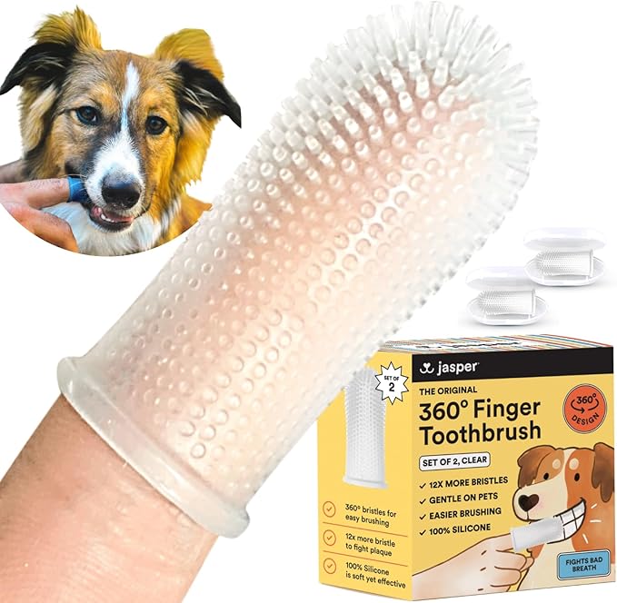 Jasper Dog Toothbrush, 360 Degree Dog Tooth Brushing Kit, Cat Toothbrush, Canine Dental Care & Teeth Cleaning Kit, Pet Finger Tooth Brush, Use with Pet Toothpaste, 2-Pack Clear