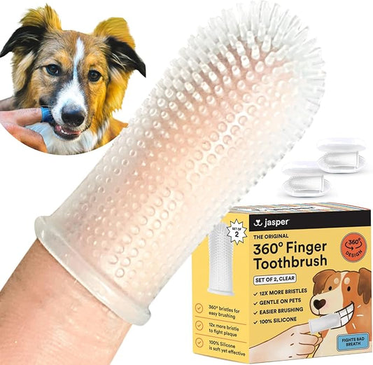 Jasper Dog Toothbrush, 360 Degree Dog Tooth Brushing Kit, Cat Toothbrush, Canine Dental Care & Teeth Cleaning Kit, Pet Finger Tooth Brush, Use with Pet Toothpaste, 2-Pack Clear