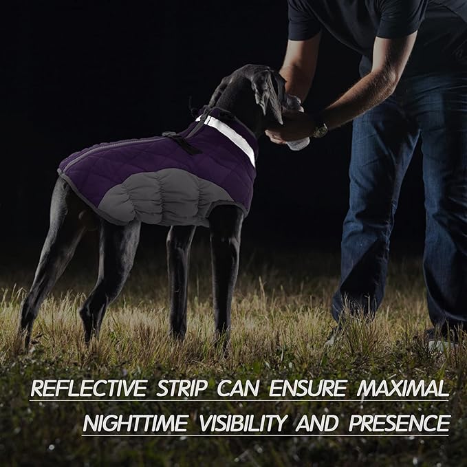 FUAMEY Dog Coat for Large Dogs,Waterproof Dog Winter Jacket with Harness Built in Puppy Cold Weather Coats Reflective Pet Vest with Zipper Warm Fleece Dogs Snowsuit Windproof Purple L