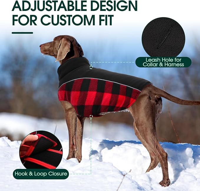 Kuoser Dog Winter Coat, Reversible Waterproof Dog Jacket with Reflective Strip, Warm Dogs Fleece Vest Adjustable Doggy Cold Weather Clothes Plaid Christmas Outfit Pet Apparel for Small Dogs, Red S