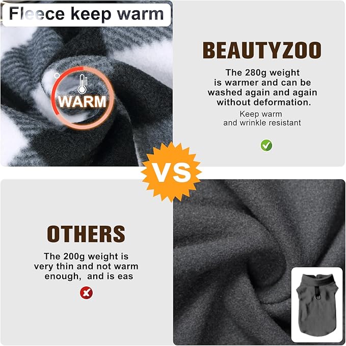 BEAUTYZOO Small Dog Sweater Fleece Vest Winter Jacket, D-Ring Leash Attachment for XS S Puppy Medium Sized Breeds Dogs, Cold Weather Dog Clothes Windproof Keep Warm, Plaid L