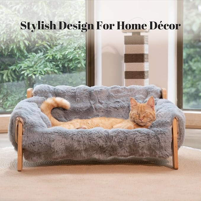 CHEERHOME PETS Elevated Cat Couch Bed for Indoor, Wooden Cats Sofa with Washable Fluffy Cover Raised Kitty Lounge Chair Suitable for Puppy(Cat Sofa,Dark Grey-Blue)
