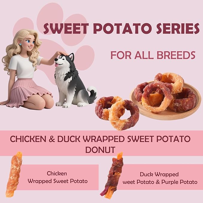 ASMPET Dog Treats, Chicken & Duck Wrapped Sweet Potato Donut, Gluten and Grain Free