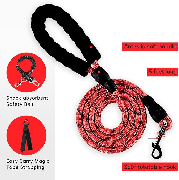 IVY&LANE No Pull Dog Harness for Large Dogs, Dog Vest Harness with Leash, Safety Belt and Storage Strap, Fully Adjustable Harness, 360° Reflective Strip, Soft Handle (Red, XL)