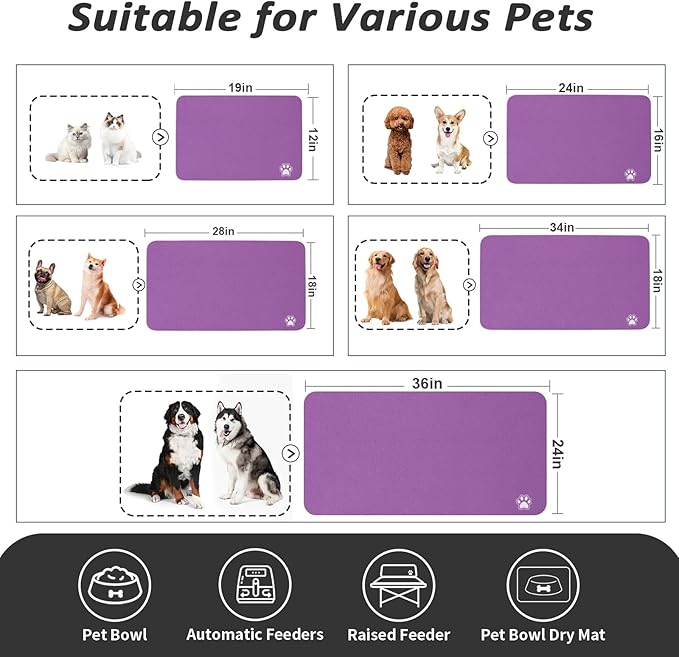 Pet Feeding Mat - Absorbent Dog Mat for Food and Water, No Stains Cat Bowl Mat, Easy to Clean Pet Placemats, Quick Dry Dog Water Dispenser Mat for Messy Drinkers | Paw Purple 24"x36"