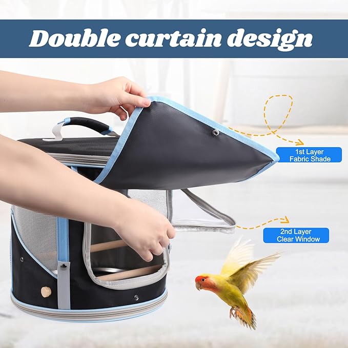 halinfer Small to Medium Bird Travel Carrier Cage, Portable Parrot Parakeet Cockatile Conure Transport Cage with Clear Window and Fabric Shade, Round Carry Bird Bag