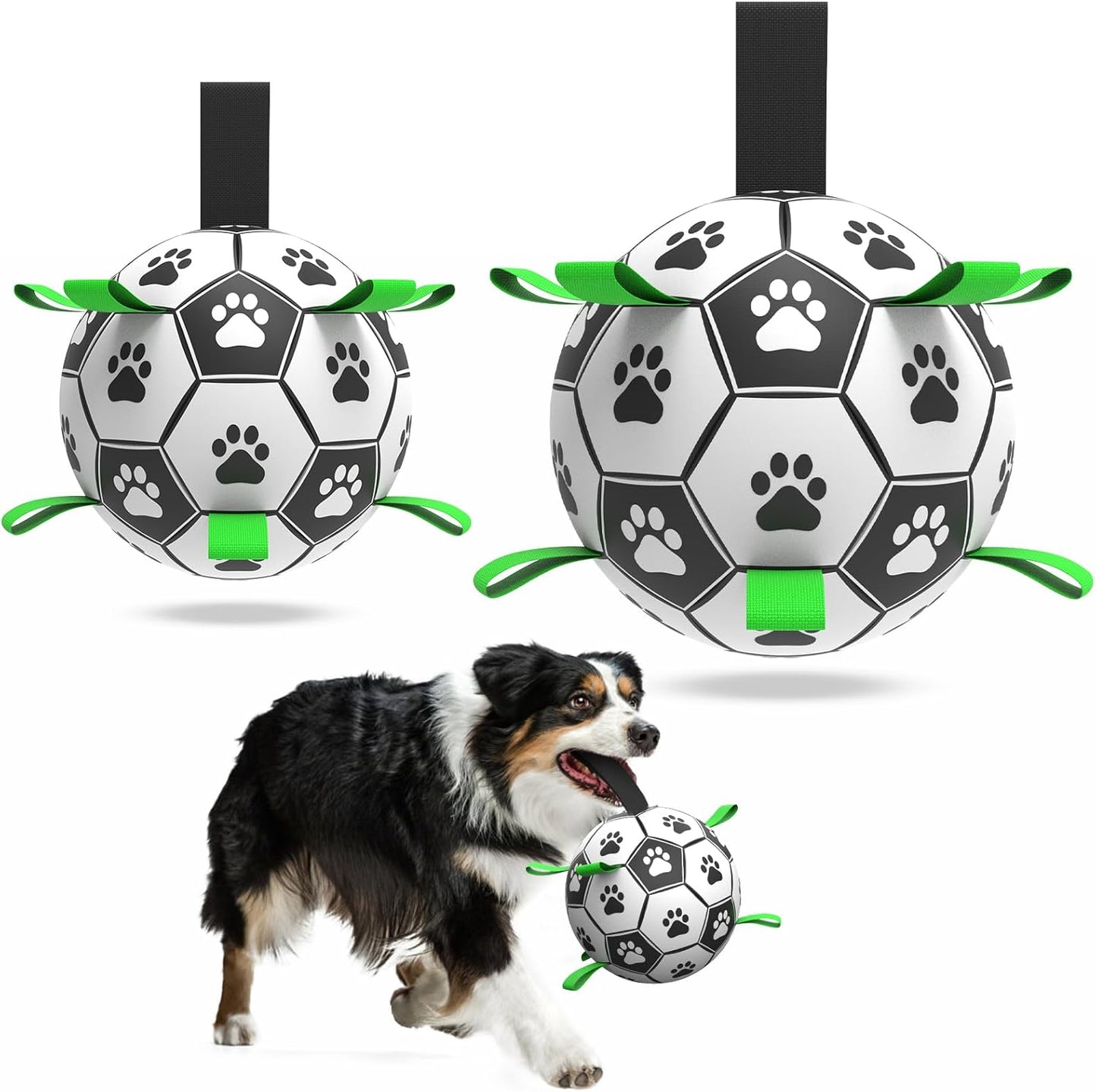 QDAN 2 PCS Dog Toys Soccer Ball Set with Straps, Interactive Dog Toys for Tug of War, Puppy Birthday Gifts, Dog Water Toy, Durable Dog Balls for Medium & Large Dogs（6 & 8 Inch）