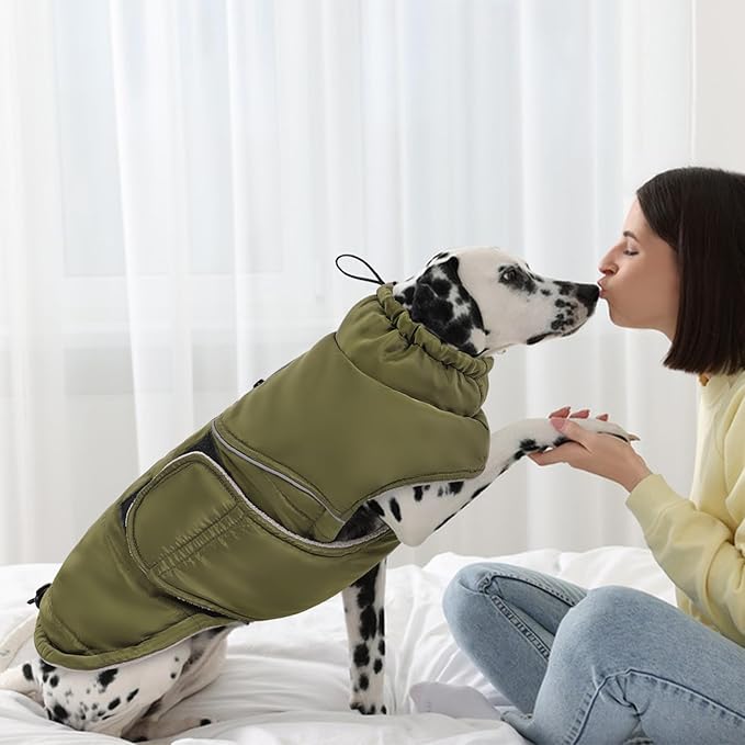 Peferhouse Warm Winter Coat for Large Male Dogs, Cold Weather Windproof Reflective Jacket With Harness Hole, Thick Vest ArmyGreen 4XL
