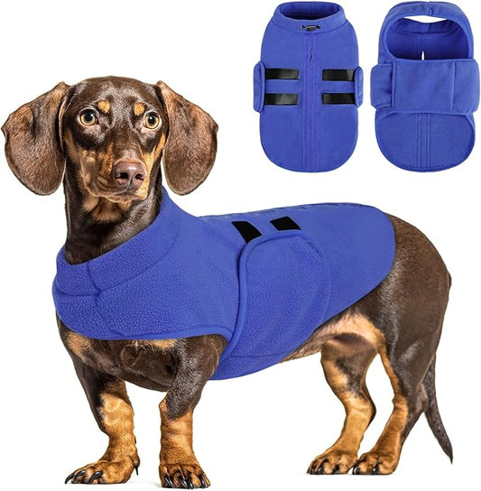 Queenmore XXS Dog Sweater, Soft Fleece Vest Pullover Dog Jacket with Leash Hole, Warm Winter Dog Coats Cold Weather Doggy Dachshund Sweaters for Small Dogs Cats Boy or Girl (Blue, XXS)