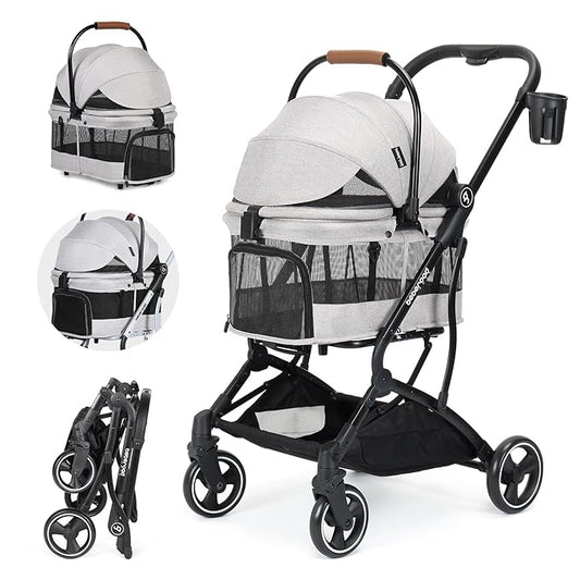 T3 3 in 1 Small Pet Stroller for Dogs & Cats, 4 Wheels for Dogs with Detachable Carrier with Pad, Canopy and Cup Holder, Grey