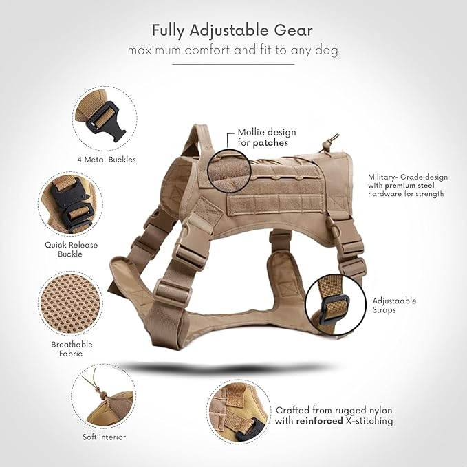 Generic Tactical Dog Harness with Handle, Collar, and Leash Set, Dog Vest Harness, No Pull Working Dog Molle Vest with Patches- Adjustable Buckles for Large-Dogs (Khaki-X_Large)