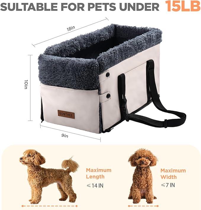 Center Console Dog Car Seat for Small Dogs,PU Leather Small Dog Car Booster Seat,Washable Foldable Puppy Car Seat with Safe Protection Hooks Adjustable Straps and Storage Pocket Pet Up to 15lbs