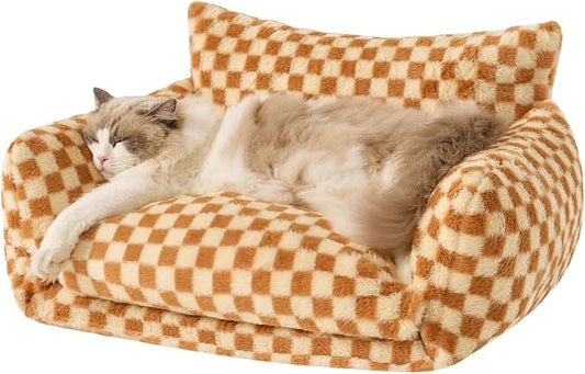 Hollypet Cat Bed Fluffy Plush Mutifuctional Double-Layer Soft Pet Couch Orthopedic Sofa Nest Beds for Small Cats and Dogs, Brown and Light Yellow (25x20x13 inch)