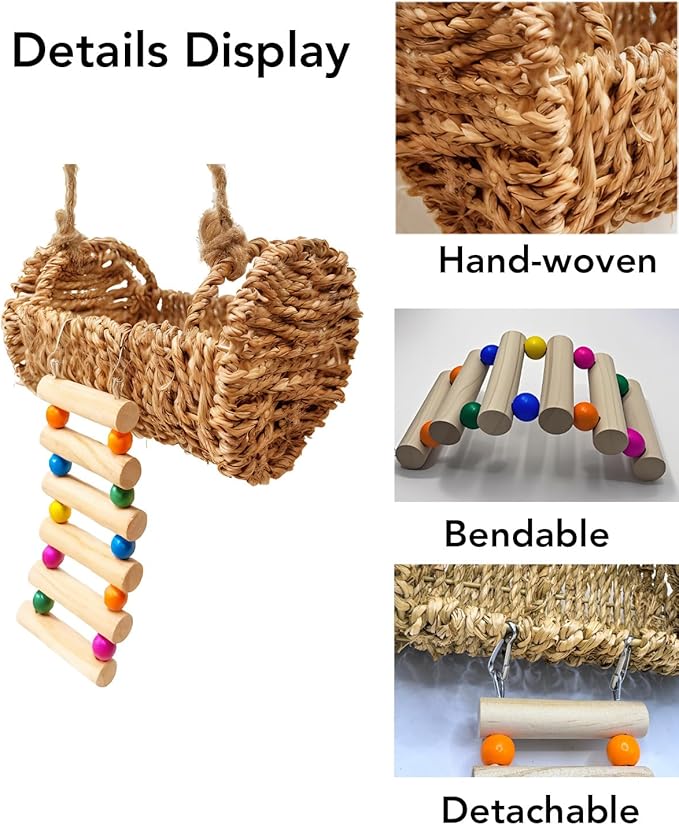 Hermit Crab Hideout with Natural Wood Ladder - Aquarium Climbing Bridge Ramp for Small Animals - Habitat Accessory for Crabs,Hamsters,Birds