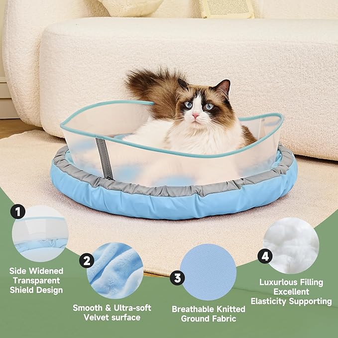 Cat Bed Kitten Bed, Round Donut Pet Bed Gift for Cats, Puppy, Small Dog, Calming Fluffy Cat Couch Sofa with Hard Protective Shieldfor Indoor Outdoor (Blue，21 Inches)