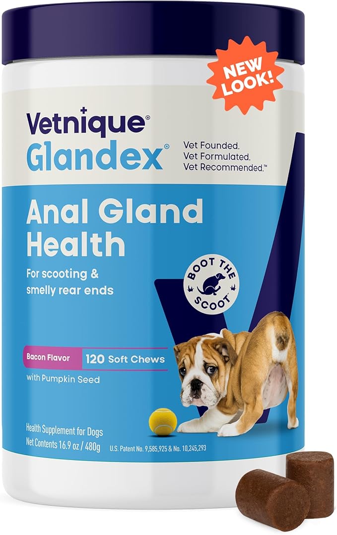 Vetnique Labs Glandex Anal Gland Soft Chew Treats with Pumpkin for Dogs Digestive Enzymes, Probiotics Fiber Supplement for Dogs Boot The Scoot (Bacon/Pork Chews, 120 Count)
