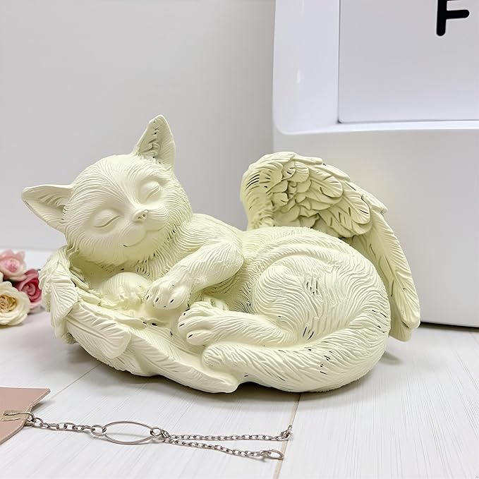Small Cat Memorial Stone Commemorates Our Lost Fur Baby,Peaceful Sleeping Angel Statue for Garden,Indoor,Pet Grave Markers,and Loss of Cat Sympathy Gift (Milky White, Small)