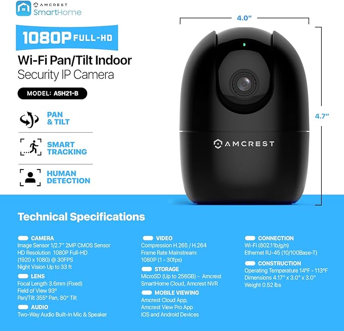 Amcrest 1080P WiFi Camera Indoor, Nanny Cam, Dog Camera, Sound & Baby Monitor, Human & Pet Detection, Motion-Tracking, 2.4Ghz Only, Pan/Tilt Wireless IP Camera, Night Vision, Smart Home ASH21-B