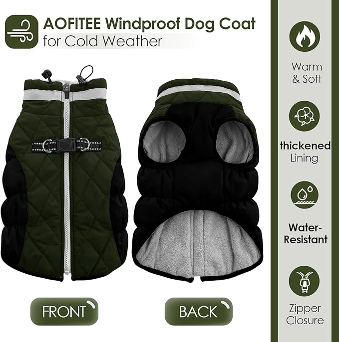 AOFITEE Dog Coat, Warm Dog Jackets for Large Dogs, Reflective Turtleneck Dogs Winter Coat with Harness Built in, Waterproof Windproof Pet Snow Jacket Fleece Vest for Cold Weather, Green XXL