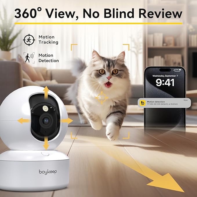 BoyKeep Indoor Camera - 2K Pet Camera 5G/2.4GHz WiFi for Baby Monitor with Phone App, 360° Pan & Tilt, 2-Way Audio, Night Vision, with 64G TF Card, K30