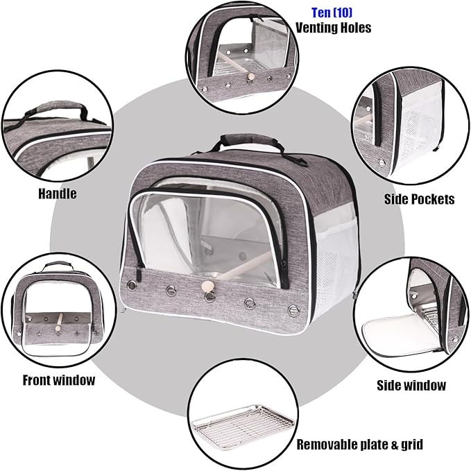 halinfer Bird Carry Carrier to Transport Large Size Parrot, Portable Bag with Metal Tray and Grid for Medium and Large Birds Like African Grey, Long Tail Cockatiel and Parrot
