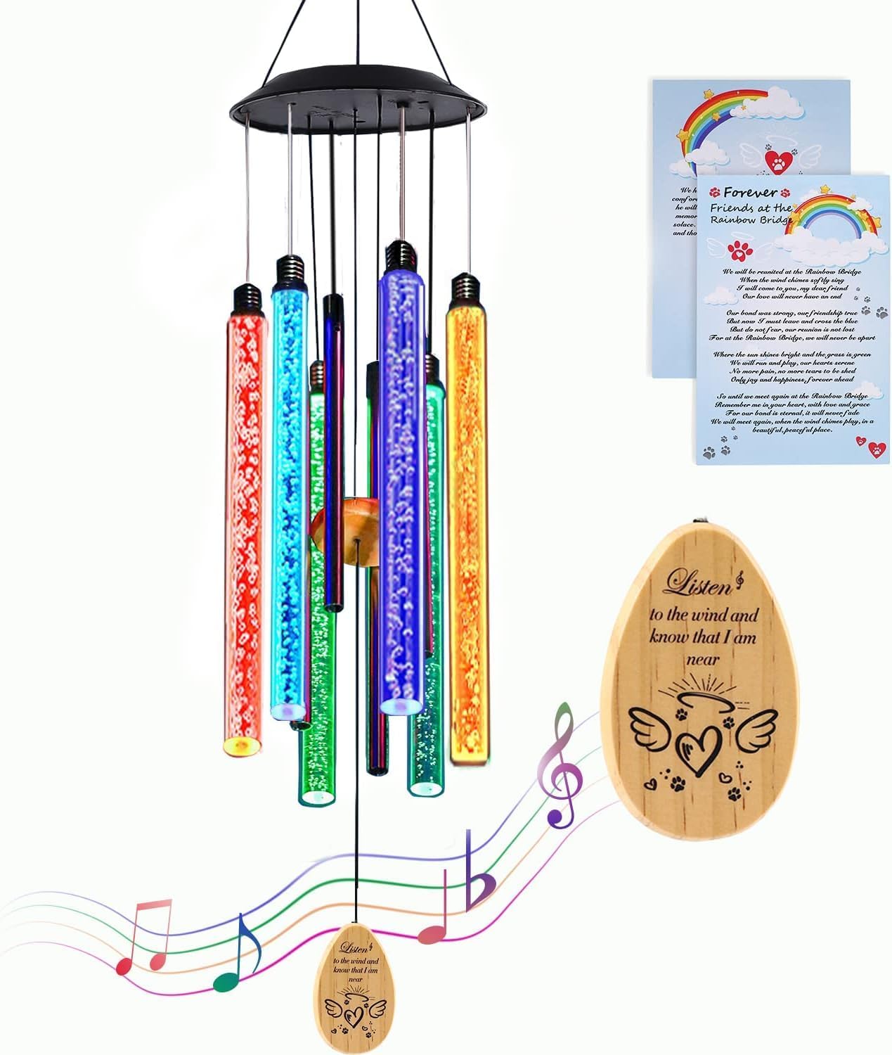 Solar Pet Memorial Wind Chime, Dog Memorial Gifts for Loss of Dog, Rainbow Bridge Pet Memorial Gifts, Loss of Dog Sympathy Gift, in Memory of Dog, 6 LED Tubes Color Changing Rainbow, 33"