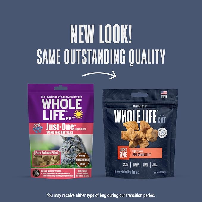 Whole Life Cat Just One Salmon Freeze Dried Cat Treats - Human Grade High Protein Food, Healthy Training Snacks, Freeze Dried Salmon Food Toppers, USA Made Natural Treats - 8 oz (Pack of 1)